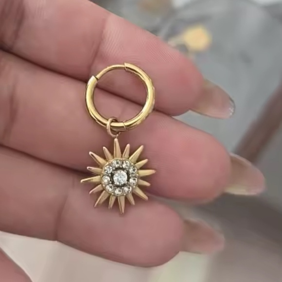 Sunburst 18K Gold Stainless Steel Hoop Earrings - Picture 8 of 9